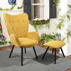 MEUBLES COSY Ensemble De Fauteuil Et Pouf - Chaise De Canapé & Repose - Pieds En Bois De Hêtre Avec Soft Tissu Cover,Repose-Pieds Rembourré,JAUNE - JAUNE