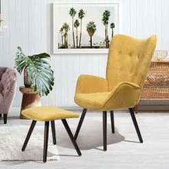 MEUBLES COSY Ensemble De Fauteuil Et Pouf - Chaise De Canapé ＆ Repose - Pieds En Bois De Hêtre Avec Soft Tissu Cover,Repose-Pieds Rembourré,JAUNE - JAUNE -Pas Cher Fauteuil Magasin 36558796 5