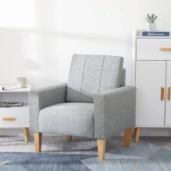 Fauteuil-Chaise Moderne En Tissu à Dossier Bas, Canapé 1 Place Avec Pieds, Structure En Bois Massif, Gris Clair-Meerveil
