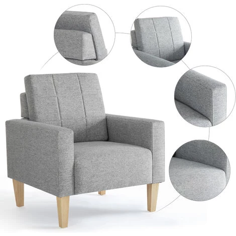 Fauteuil-Chaise Moderne En Tissu à Dossier Bas, Canapé 1 Place Avec Pieds, Structure En Bois Massif, Gris Clair-Meerveil 6 Fauteuil-Chaise Moderne En Tissu à Dossier Bas, Canapé 1 Place Avec Pieds, Structure En Bois Massif, Gris Clair-Meerveil – Image 4