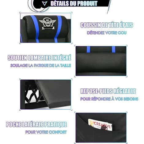 COSTWAY Fauteuil Pour Gaming Extensible Avec Repose-Pied Et Coussin Lombaire, En PU, Inclinable 90°-160° Bleu 4 COSTWAY Fauteuil Pour Gaming Extensible Avec Repose-Pied Et Coussin Lombaire, En PU, Inclinable 90°-160° Bleu – Image 2