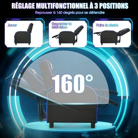 COSTWAY Fauteuil Pour Gaming Extensible Avec Repose-Pied Et Coussin Lombaire, En PU, Inclinable 90°-160° Bleu 5 COSTWAY Fauteuil Pour Gaming Extensible Avec Repose-Pied Et Coussin Lombaire, En PU, Inclinable 90°-160° Bleu – Image 3