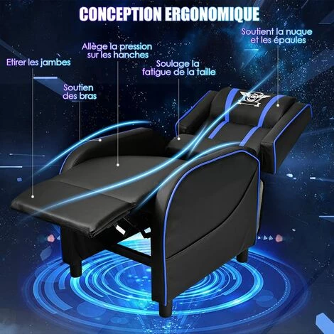 COSTWAY Fauteuil Pour Gaming Extensible Avec Repose-Pied Et Coussin Lombaire, En PU, Inclinable 90°-160° Bleu 6 COSTWAY Fauteuil Pour Gaming Extensible Avec Repose-Pied Et Coussin Lombaire, En PU, Inclinable 90°-160° Bleu – Image 4