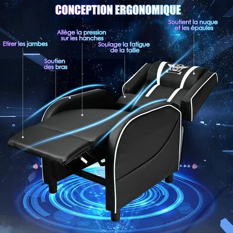 COSTWAY Fauteuil Pour Gaming Extensible Avec Repose-Pied Et Coussin Lombaire, En PU, Inclinable 90°-160° Blanc 5 COSTWAY Fauteuil Pour Gaming Extensible Avec Repose-Pied Et Coussin Lombaire, En PU, Inclinable 90°-160° Blanc – Image 3