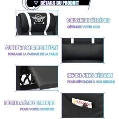 COSTWAY Fauteuil Pour Gaming Extensible Avec Repose-Pied Et Coussin Lombaire, En PU, Inclinable 90°-160° Blanc 10 COSTWAY Fauteuil Pour Gaming Extensible Avec Repose-Pied Et Coussin Lombaire, En PU, Inclinable 90°-160° Blanc -Pas Cher Fauteuil Magasin 37625235 4