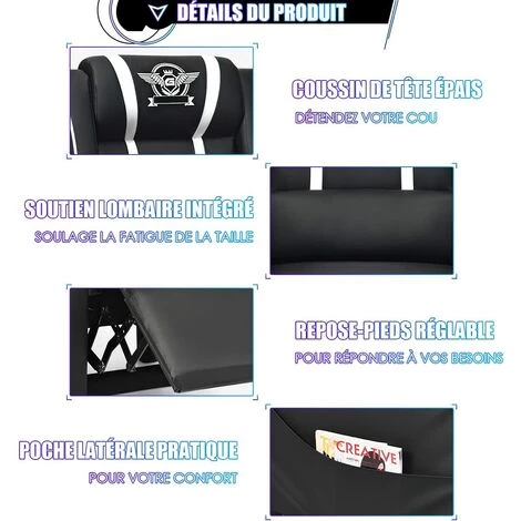 COSTWAY Fauteuil Pour Gaming Extensible Avec Repose-Pied Et Coussin Lombaire, En PU, Inclinable 90°-160° Blanc 6 COSTWAY Fauteuil Pour Gaming Extensible Avec Repose-Pied Et Coussin Lombaire, En PU, Inclinable 90°-160° Blanc – Image 4