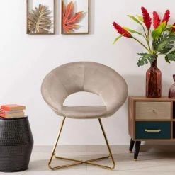 Baroni Home Fauteuil Circulaire En Velours Avec Pieds En Fer Couleur Or 71 X 59 X 84 Cm - Beige -Pas Cher Fauteuil Magasin 39176174 3