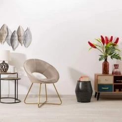 Baroni Home Fauteuil Circulaire En Velours Avec Pieds En Fer Couleur Or 71 X 59 X 84 Cm - Beige -Pas Cher Fauteuil Magasin 39176174 4