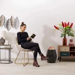 Baroni Home Fauteuil Circulaire En Velours Avec Pieds En Fer Couleur Or 71 X 59 X 84 Cm - Beige -Pas Cher Fauteuil Magasin 39176174 5