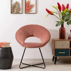 Baroni Home Fauteuil Rond Rembourré En Velours Rose Poudré Avec Pieds En Fer Noir. Fauteuil De Bureau Ou De Salle à Manger, Super Confortable Et Ergonomique, 71 X 59 X 84 Cm -Pas Cher Fauteuil Magasin 39176216 3