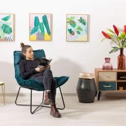 Baroni Home Fauteuil Relax En Velours Avec Pieds En Fer Doré Bleu Pétrole 89 X 62 X 89 Cm -Pas Cher Fauteuil Magasin 39176660 5