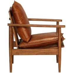 HAPPYSHOPPING Fauteuil Marron Cuir Veritable Avec Bois D'acacia -Pas Cher Fauteuil Magasin 39454486 3