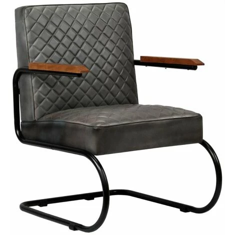 HAPPYSHOPPING Fauteuil Gris Cuir Veritable 3 HAPPYSHOPPING Fauteuil Gris Cuir Veritable