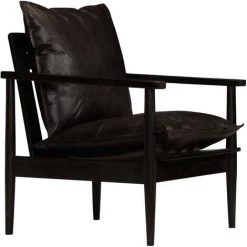 HAPPYSHOPPING Fauteuil Noir Cuir Veritable Avec Bois D'acacia