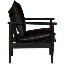 HAPPYSHOPPING Fauteuil Noir Cuir Veritable Avec Bois D'acacia -Pas Cher Fauteuil Magasin 39702004 3