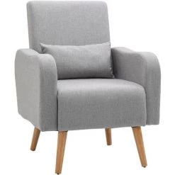 HOMCOM Fauteuil Design Scandinave Dim. 72L X 77l X 93H Cm Avec Coussin Pieds Effilés Bois De Hêtre Tissu Lin Gris Clair - Gris