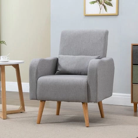 HOMCOM Fauteuil Design Scandinave Dim. 72L X 77l X 93H Cm Avec Coussin Pieds Effilés Bois De Hêtre Tissu Lin Gris Clair - Gris 4 HOMCOM Fauteuil Design Scandinave Dim. 72L X 77l X 93H Cm Avec Coussin Pieds Effilés Bois De Hêtre Tissu Lin Gris Clair - Gris – Image 2