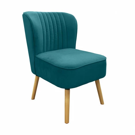 MEUBLETMOI Fauteuil Matelassé En Velours Bleu Canard Et Pieds Bois Clair - ZELIE - Bleu 3 MEUBLETMOI Fauteuil Matelassé En Velours Bleu Canard Et Pieds Bois Clair - ZELIE - Bleu
