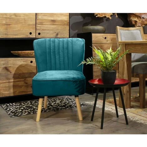 MEUBLETMOI Fauteuil Matelassé En Velours Bleu Canard Et Pieds Bois Clair - ZELIE - Bleu 4 MEUBLETMOI Fauteuil Matelassé En Velours Bleu Canard Et Pieds Bois Clair - ZELIE - Bleu – Image 2