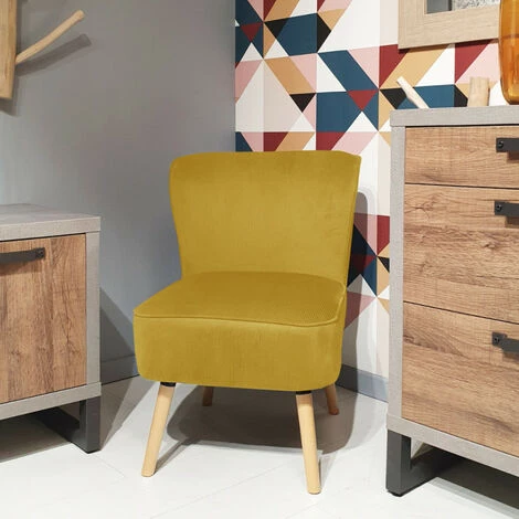 MEUBLETMOI Fauteuil Bas En Velours Côtelé Jaune Et Piètement En Bois - NATSU - Jaune 4 MEUBLETMOI Fauteuil Bas En Velours Côtelé Jaune Et Piètement En Bois - NATSU - Jaune – Image 2