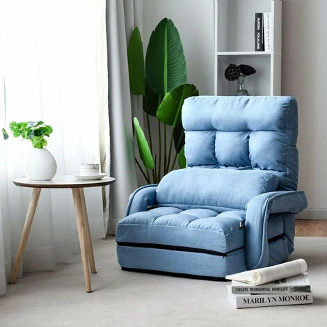 DéCOSHOP26 Fauteuil Convertible Chauffeuse Convertible 1 Place En Tissu Avec Oreiller 5 Positions Bleu - Bleu 3 DéCOSHOP26 Fauteuil Convertible Chauffeuse Convertible 1 Place En Tissu Avec Oreiller 5 Positions Bleu - Bleu