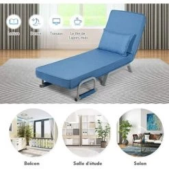 GOPLUS Fauteuil 2 En 1 Pliable Polyvalent Avec Dossier Réglable En 5 Niveaux, Coussin Rembourré, Couverture Démontable, Manche Ergonomique, Transformable En Lit (Bleu) -Pas Cher Fauteuil Magasin 40243414 4