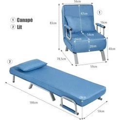 GOPLUS Fauteuil 2 En 1 Pliable Polyvalent Avec Dossier Réglable En 5 Niveaux, Coussin Rembourré, Couverture Démontable, Manche Ergonomique, Transformable En Lit (Bleu) -Pas Cher Fauteuil Magasin 40243414 5