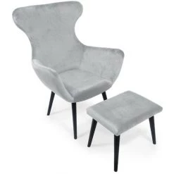 LES TENDANCES Fauteuil Avec Repose-pieds Velours Gris Et Pieds Noir Kantus