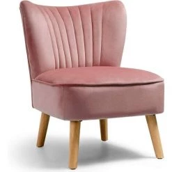 COSTWAY Fauteuil D'Appoint En Velours, Siège Capitonné Epais Dossier à Ailettes Pieds En Bois D'Hévéa De Style Scandinaves Rose