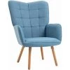 HOMCOM Fauteuil Relax Style Scandinave Dossier Capitonné Piètement Bois De Hêtre Revêtement Aspect Lin Bleu - Bleu