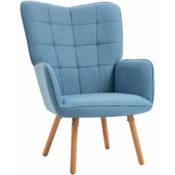 HOMCOM Fauteuil Relax Style Scandinave Dossier Capitonné Piètement Bois De Hêtre Revêtement Aspect Lin Bleu - Bleu