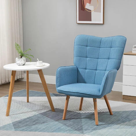 HOMCOM Fauteuil Relax Style Scandinave Dossier Capitonné Piètement Bois De Hêtre Revêtement Aspect Lin Bleu - Bleu 4 HOMCOM Fauteuil Relax Style Scandinave Dossier Capitonné Piètement Bois De Hêtre Revêtement Aspect Lin Bleu - Bleu – Image 2