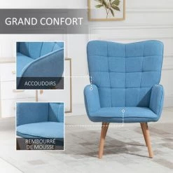HOMCOM Fauteuil Relax Style Scandinave Dossier Capitonné Piètement Bois De Hêtre Revêtement Aspect Lin Bleu - Bleu 11 HOMCOM Fauteuil Relax Style Scandinave Dossier Capitonné Piètement Bois De Hêtre Revêtement Aspect Lin Bleu - Bleu -Pas Cher Fauteuil Magasin 41919010 5