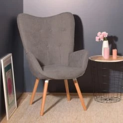MEUBLES COSY Fauteuil Salon - Style Scandinave - Tissu Gris Et Pieds En Bois De Hêtre - 68x73x106cm