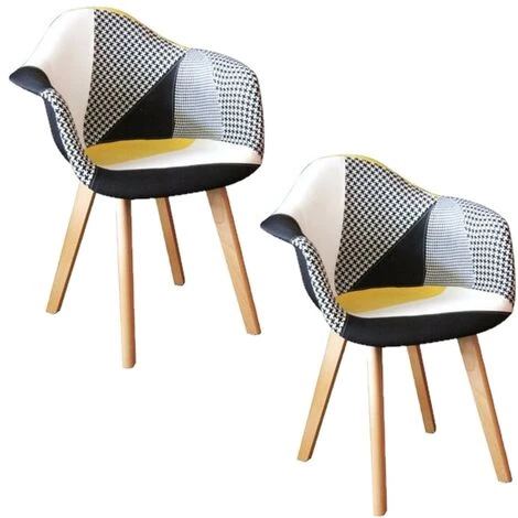 TOILINUX Lot De 2 Fauteuils Scandinave Patchwork - Jaune Et Noir - Longueur 57.50, Profondeur 64, Hauteur 85 Cm - Jaune 3 TOILINUX Lot De 2 Fauteuils Scandinave Patchwork - Jaune Et Noir - Longueur 57.50, Profondeur 64, Hauteur 85 Cm - Jaune