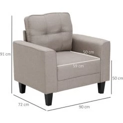 HOMCOM Fauteuil De Salon Design Contemporain Dossier Capitonné Larges Accoudoirs Droits Piètement Bois Hévéa Noir Revêtement Aspect Lin Beige - Beige -Pas Cher Fauteuil Magasin 43542670 3