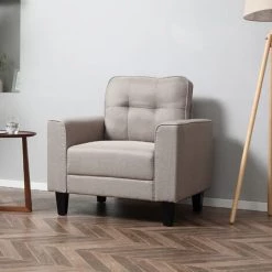 HOMCOM Fauteuil De Salon Design Contemporain Dossier Capitonné Larges Accoudoirs Droits Piètement Bois Hévéa Noir Revêtement Aspect Lin Beige - Beige -Pas Cher Fauteuil Magasin 43542670 4