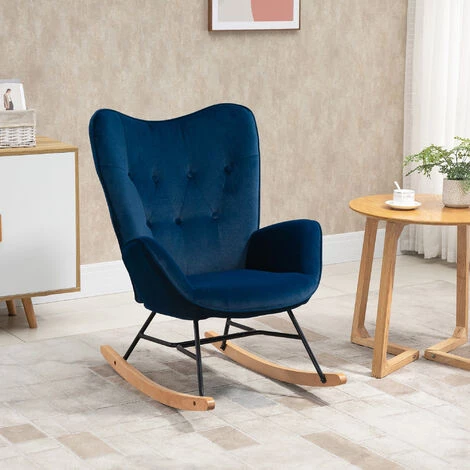 HOMCOM Fauteuil à Bascule Oreilles Rocking Chair Grand Confort Accoudoirs Assise Dossier Garnissage Mousse Haute Densité Aspect Velours Bleu - Bleu 4 HOMCOM Fauteuil à Bascule Oreilles Rocking Chair Grand Confort Accoudoirs Assise Dossier Garnissage Mousse Haute Densité Aspect Velours Bleu - Bleu – Image 2