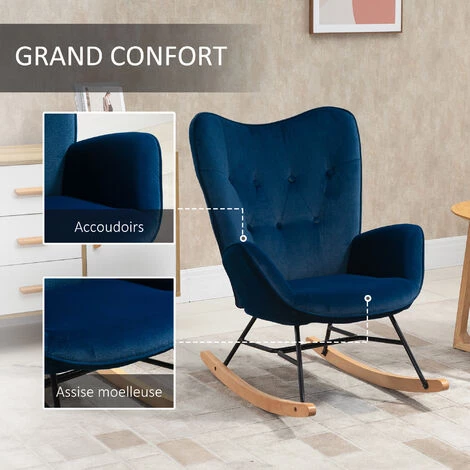 HOMCOM Fauteuil à Bascule Oreilles Rocking Chair Grand Confort Accoudoirs Assise Dossier Garnissage Mousse Haute Densité Aspect Velours Bleu - Bleu 7 HOMCOM Fauteuil à Bascule Oreilles Rocking Chair Grand Confort Accoudoirs Assise Dossier Garnissage Mousse Haute Densité Aspect Velours Bleu - Bleu – Image 5