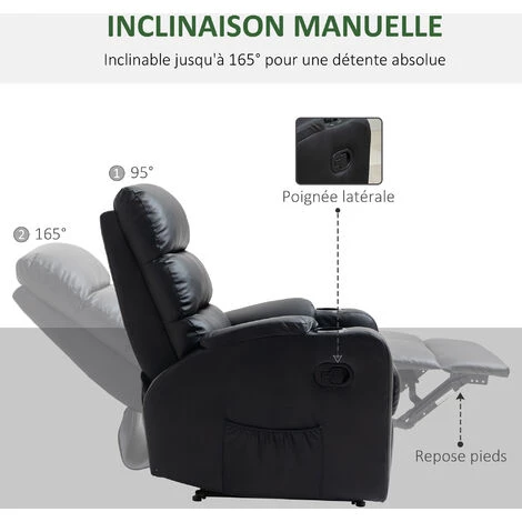 HOMCOM Fauteuil De Relaxation Inclinable Avec Repose-pied Ajustable Revêtement Synthétique Noir - Noir 6 HOMCOM Fauteuil De Relaxation Inclinable Avec Repose-pied Ajustable Revêtement Synthétique Noir - Noir – Image 4