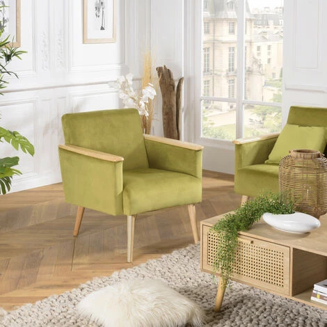 MACABANE ALBANE - Fauteuil Velours Vert Clair Pieds Et Accoudoirs Bois - Vert / Bois Naturel 3 MACABANE ALBANE - Fauteuil Velours Vert Clair Pieds Et Accoudoirs Bois - Vert / Bois Naturel