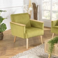 MACABANE ALBANE - Fauteuil Velours Vert Clair Pieds Et Accoudoirs Bois - Vert / Bois Naturel 10 MACABANE ALBANE - Fauteuil Velours Vert Clair Pieds Et Accoudoirs Bois - Vert / Bois Naturel -Pas Cher Fauteuil Magasin 44174908 4