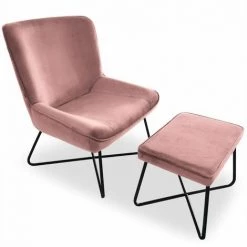 Paris Prix - Fauteuil & Pouf En Velours "giergo" 93cm Rose