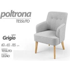 ARGONAUTA Fauteuil En Tissu Pour Chambre Ou Salon Pieds Bois Cm 60 X 65 X 85 H Gris