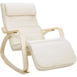 SONGMICS Fauteuil à Bascule, Chaise Berçante, Avec Repose-pieds Réglable à 5 Niveaux, Avec Oreiller, Housse En Coton, Capacité De Charge 150 Kg, Beige LYY10M