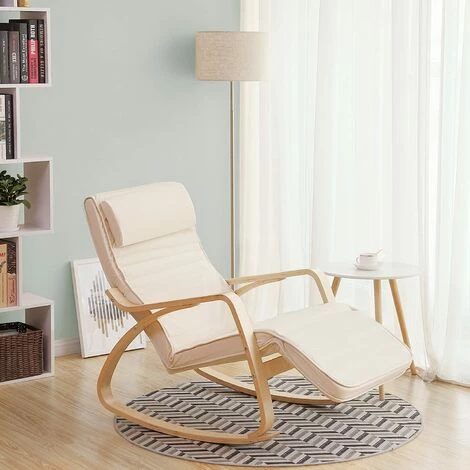 SONGMICS Fauteuil à Bascule, Chaise Berçante, Avec Repose-pieds Réglable à 5 Niveaux, Avec Oreiller, Housse En Coton, Capacité De Charge 150 Kg, Beige LYY10M 4 SONGMICS Fauteuil à Bascule, Chaise Berçante, Avec Repose-pieds Réglable à 5 Niveaux, Avec Oreiller, Housse En Coton, Capacité De Charge 150 Kg, Beige LYY10M – Image 2