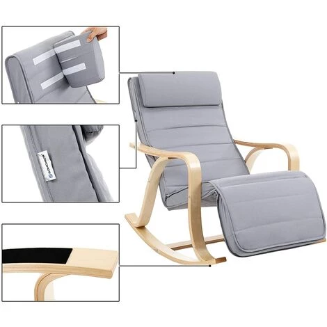 SONGMICS Rocking Chair, Fauteuil à Bascule, Avec Repose-Pieds Réglable à 5 Niveaux, Charge Max 150 Kg, Gris Clair LYY41G 6 SONGMICS Rocking Chair, Fauteuil à Bascule, Avec Repose-Pieds Réglable à 5 Niveaux, Charge Max 150 Kg, Gris Clair LYY41G – Image 4