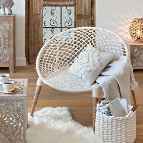 Lot De 2 Fauteuils Tressés En Coton Et Teck Coloris Blanc - Longueur 90 X Profondeur 90 X Hauteur 85 Cm -PEGANE- 6 Lot De 2 Fauteuils Tressés En Coton Et Teck Coloris Blanc - Longueur 90 X Profondeur 90 X Hauteur 85 Cm -PEGANE- – Image 4