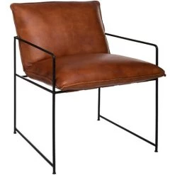 Fauteuil En Métal Et Cuir Coloris Cognac - Longueur 59 X Profondeur 71 X Hauteur 80,5 Cm -PEGANE-