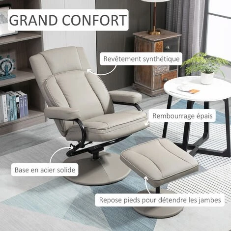 HOMCOM Fauteuil Relax Inclinable Pivotant Style Contemporain Avec Repose-pieds Revêtement Synthétique Acier Gris - Gris 6 HOMCOM Fauteuil Relax Inclinable Pivotant Style Contemporain Avec Repose-pieds Revêtement Synthétique Acier Gris - Gris – Image 4